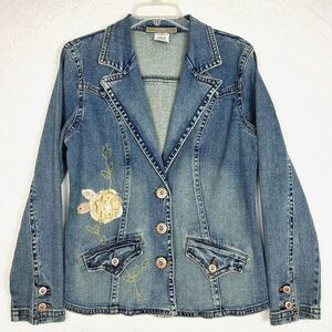 Z Cavaricci Denim Jean Jacket Womens Medium Gold Silver Embroidery Embellishment